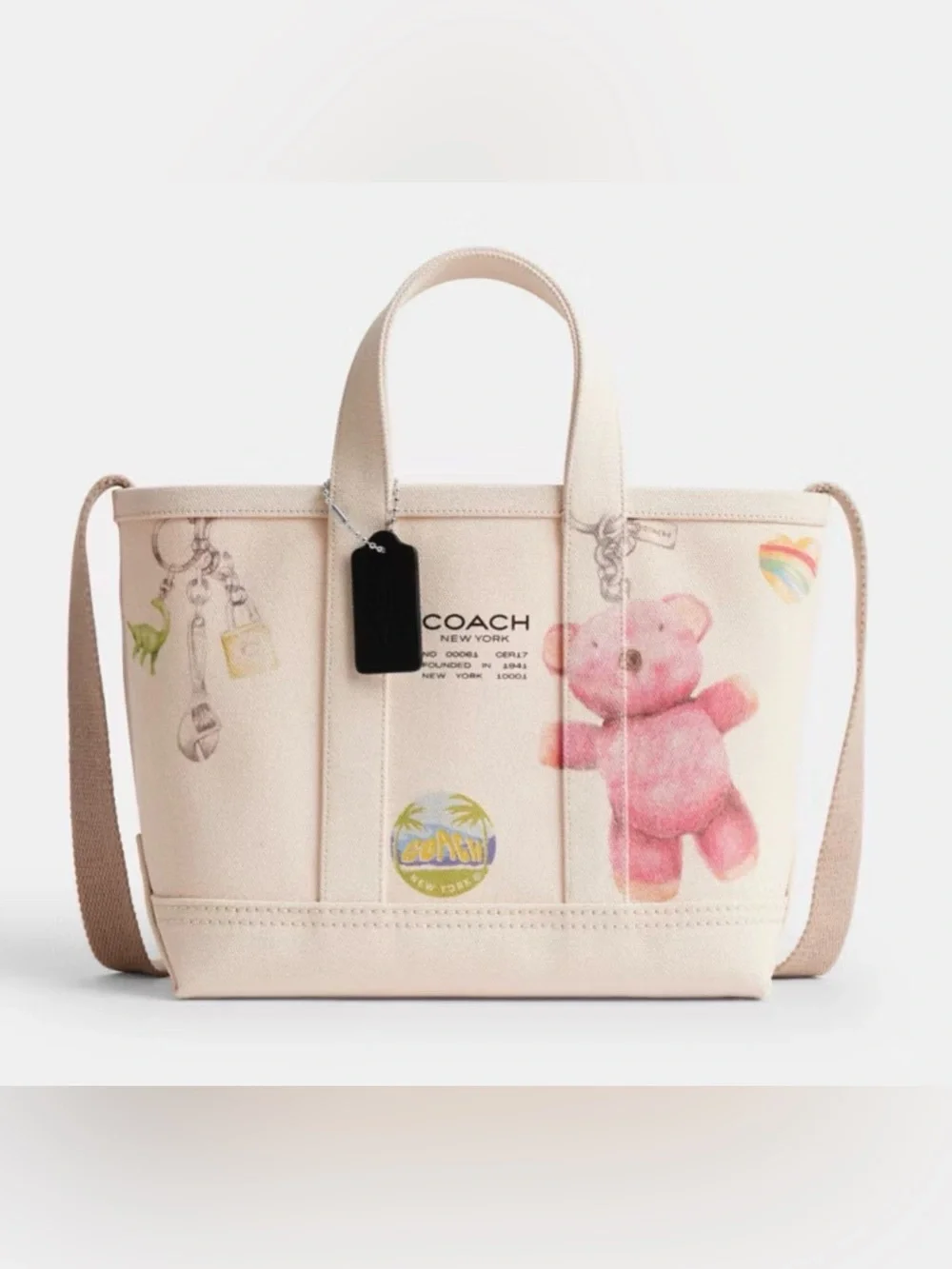 🩷Coach NWT Canvas Utility Tote 27 with Pink Teddy Bear Sketch Print